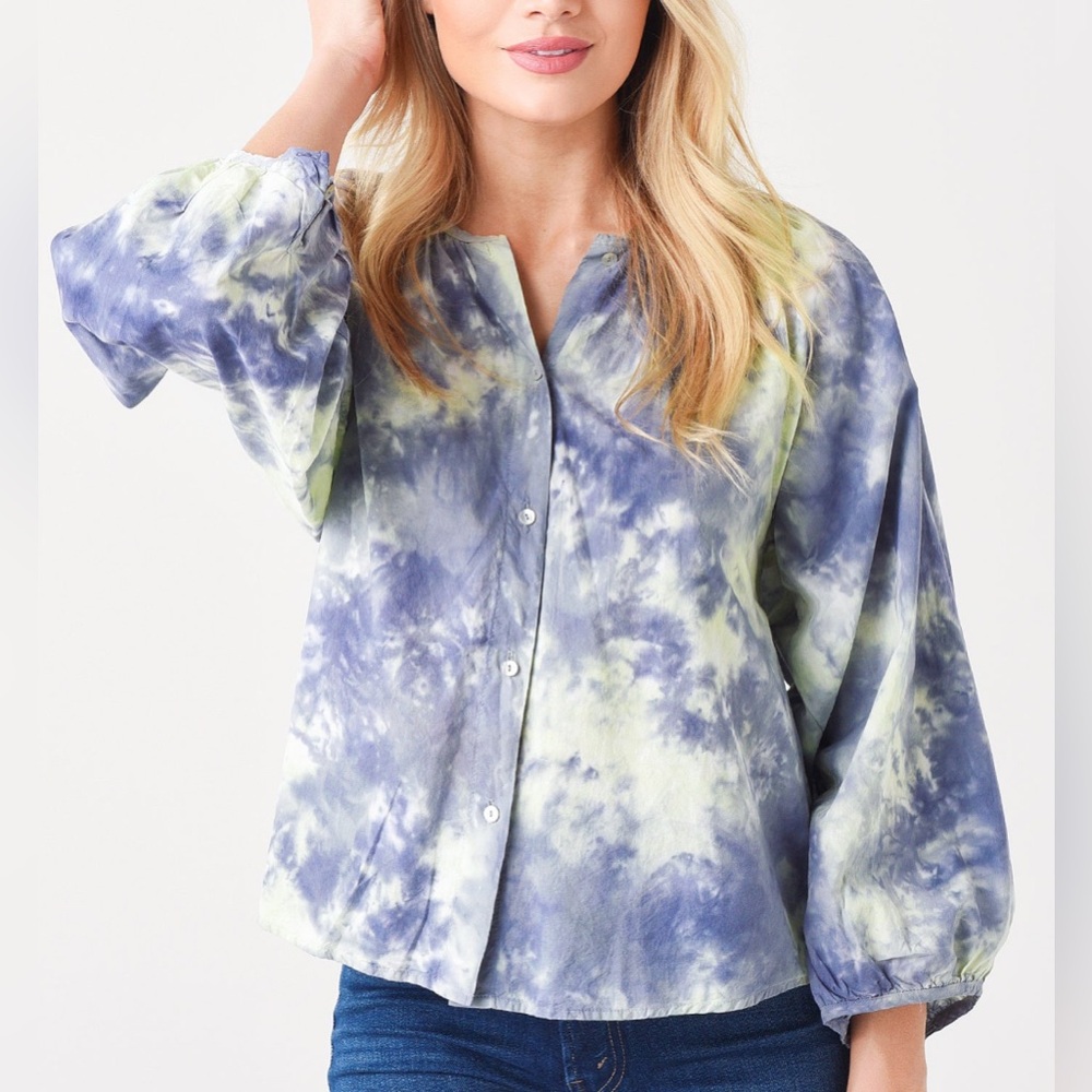 Cali Dreaming Kaya Raglan Button Down Blouse Top | Fresco Tie Dye | Size S